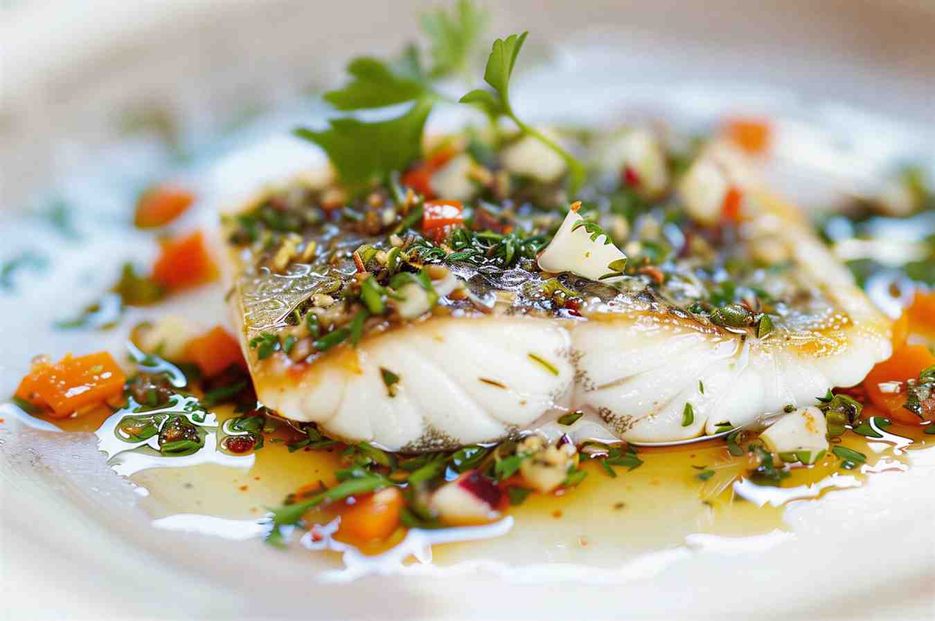 Close-up of a beautifully prepared fish dish with herbs and lemon